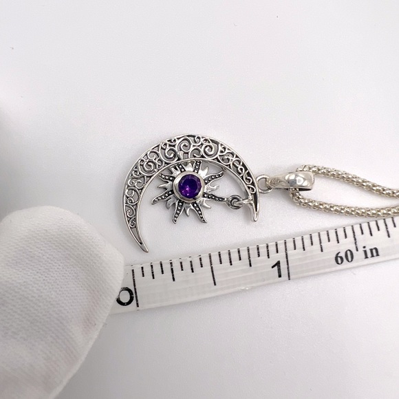 Genuine Amethyst .925 Sterling Silver Moon Necklace - Picture 12 of 13